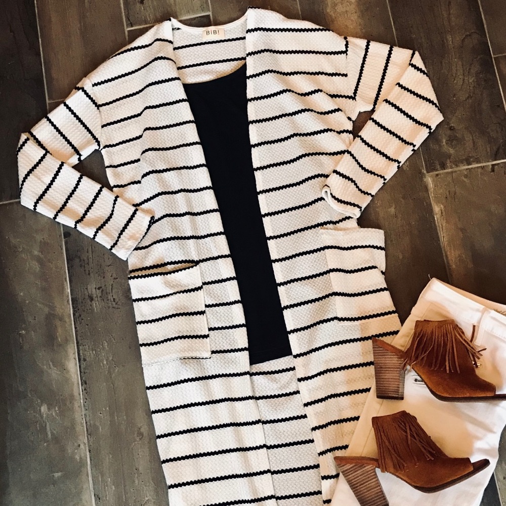 Ivory Striped Long Cardigan